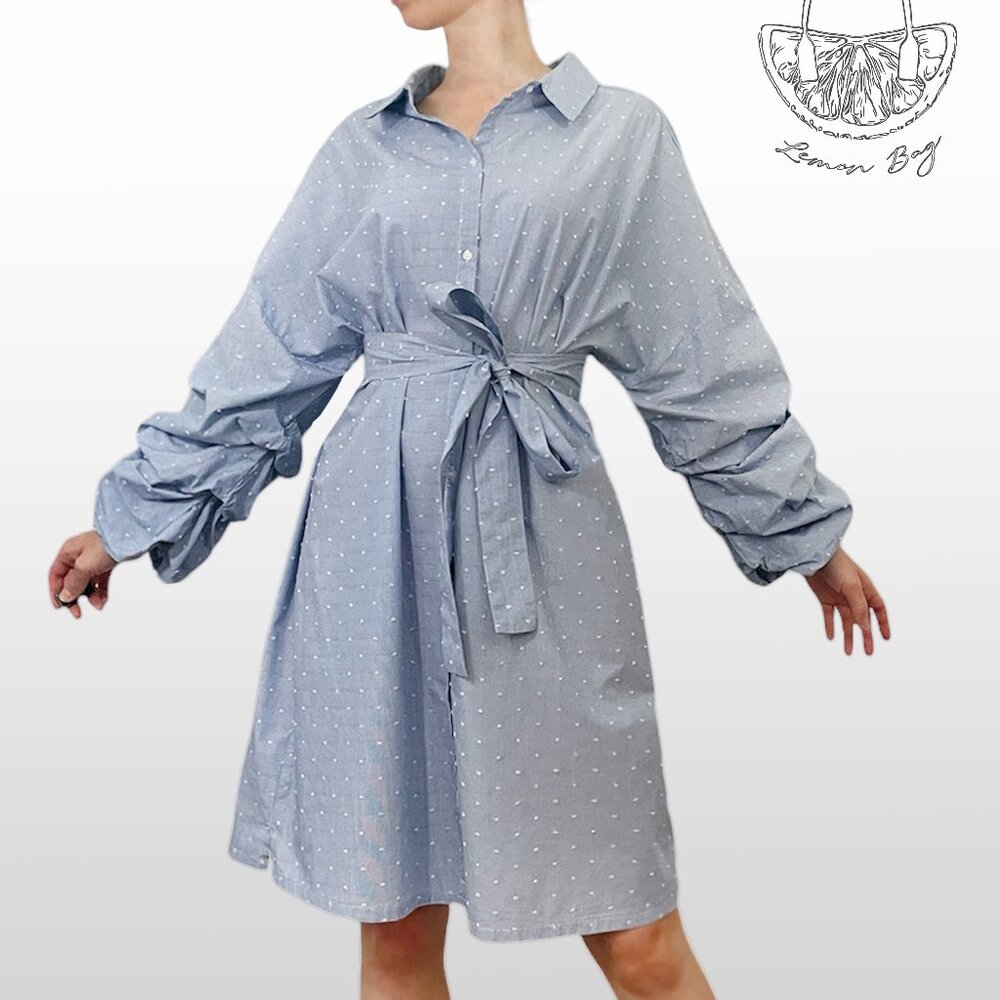 Nina Leonard / Oversize Puffy Sleeve Midi Shirt Dress / Size M/L / Color Blue